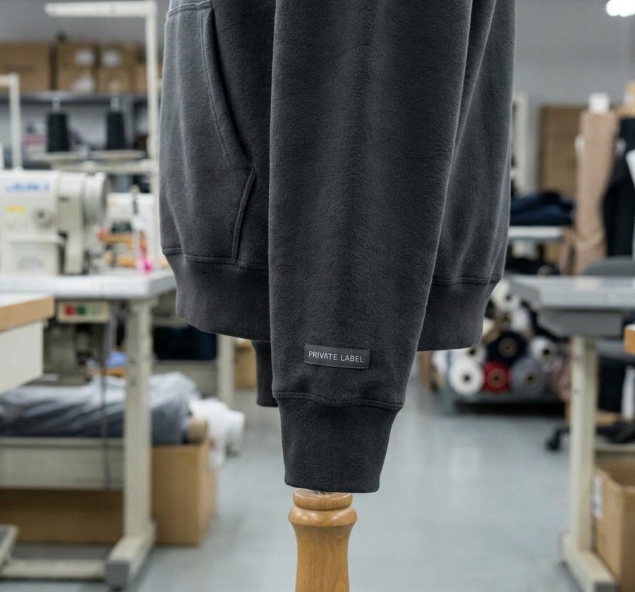 Hoodie fleece abu-abu tua berlabel jahit polos di lengan, difoto di ruang produksi.