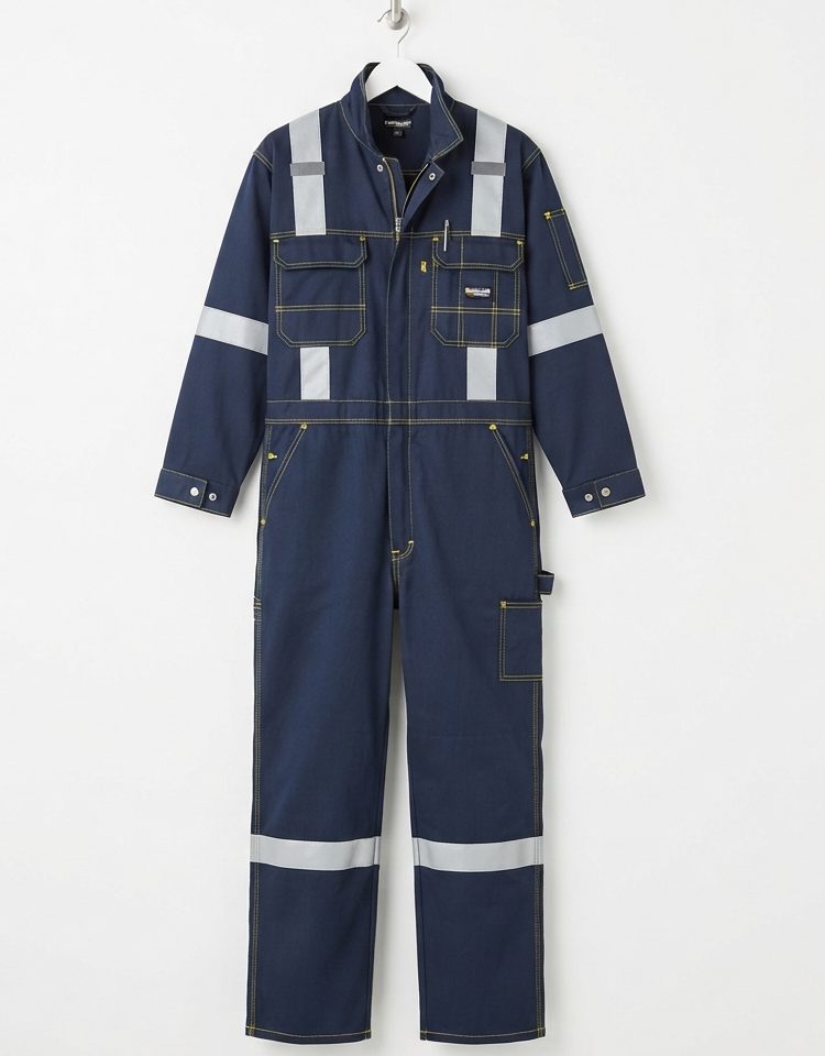 Wearpack terusan biru tua dengan garis pantul di lengan dan kaki.