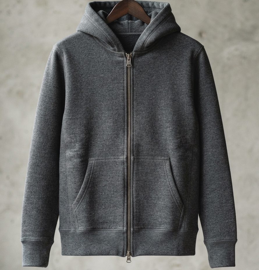 Hoodie fleece abu-abu berresleting penuh tergantung pada gantungan kayu.
