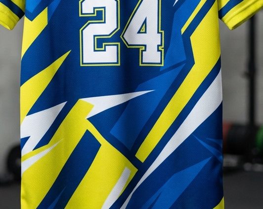 Detail jersey sublimasi penuh biru kuning dengan nomor punggung besar.