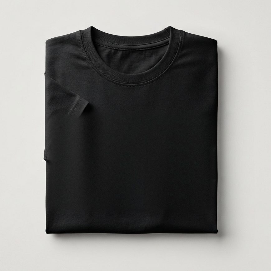 Kaos oblong hitam terlipat rapi di atas alas terang.