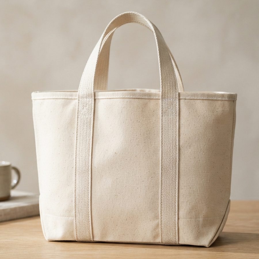 Totebag kanvas blacu polos bertali webbing di atas meja kayu.