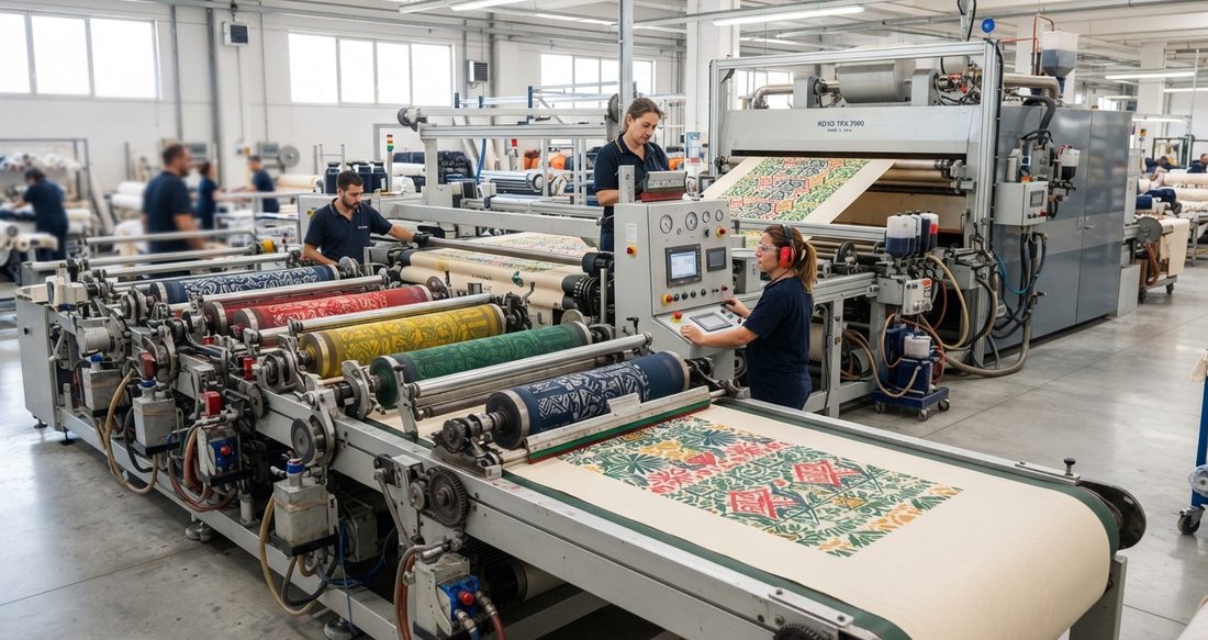 Jalur sablon rotary delapan warna sedang mencetak motif berwarna pada gulungan kain.