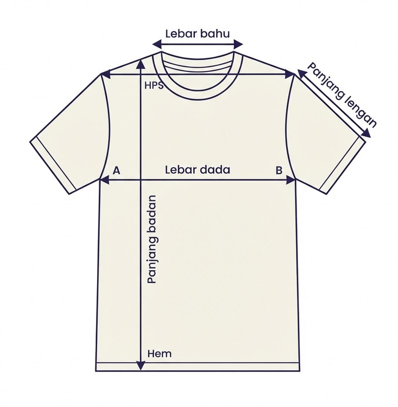 Ilustrasi kaos terbentang rata dengan empat panah ukur berlabel Lebar dada, Panjang badan, Lebar bahu, dan Panjang lengan.